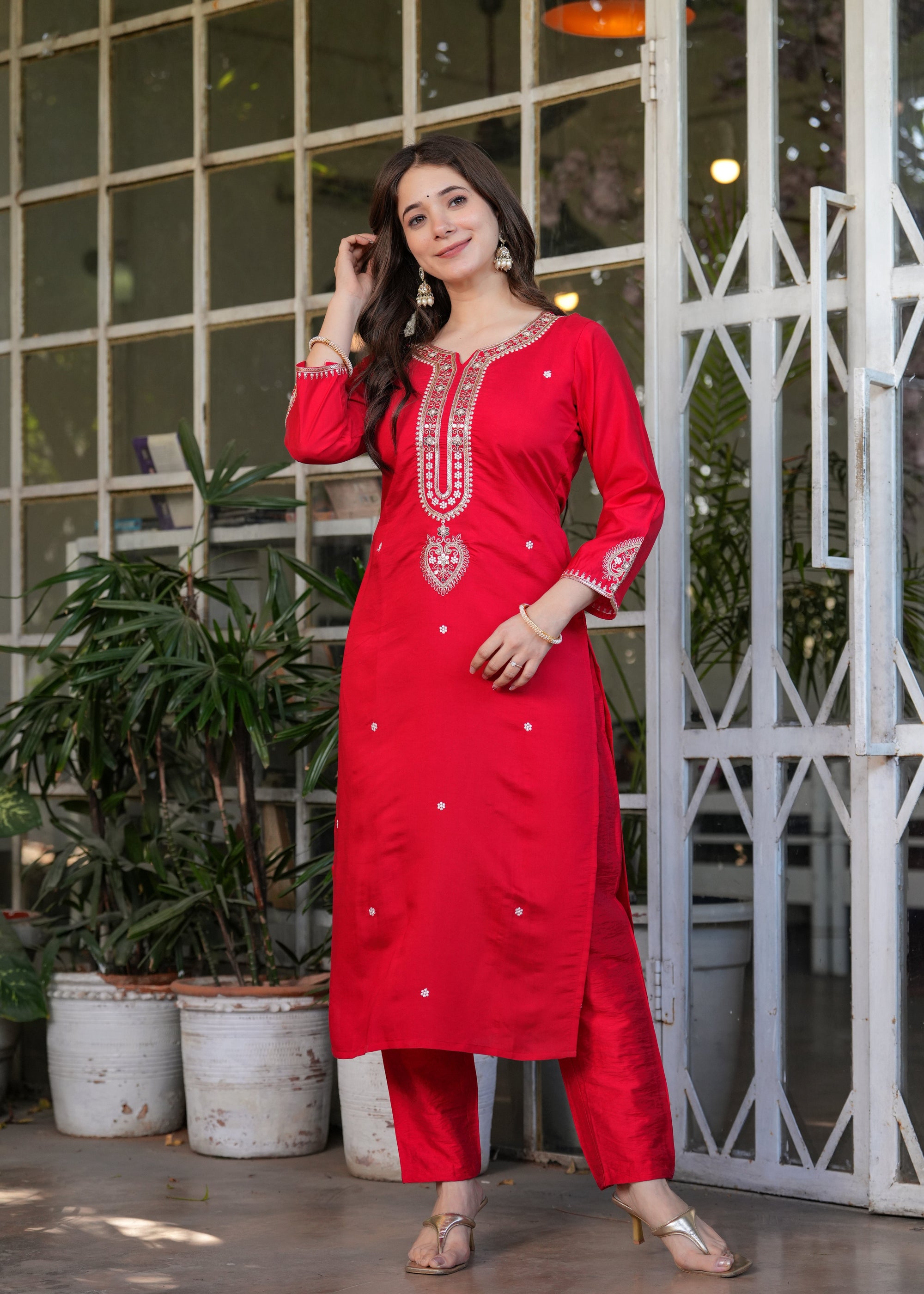 Beautiful Red Viscose Chanderi Fabric Kurtis Pant Set