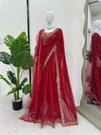 Beautiful Red Designer Saree on Faux Georgette Fabric with Thread & Sequence Work