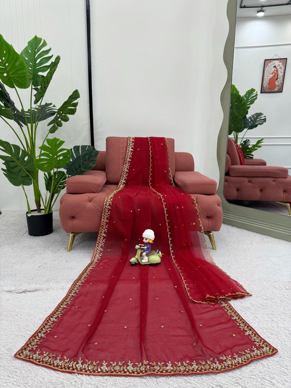 Beautiful Red Designer Saree on Faux Georgette Fabric with Thread & Sequence Work