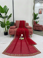 Beautiful Red Designer Saree on Faux Georgette Fabric with Thread & Sequence Work
