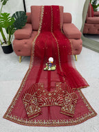 Beautiful Red Designer Saree on Faux Georgette Fabric with Thread & Sequence Work