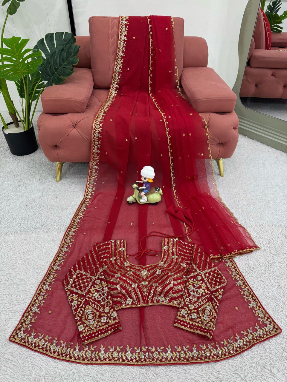Beautiful Red Designer Saree on Faux Georgette Fabric with Thread & Sequence Work