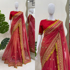 Beautiful Red Designer Saree on Twil Net Fabric with Thread & Sequence Work