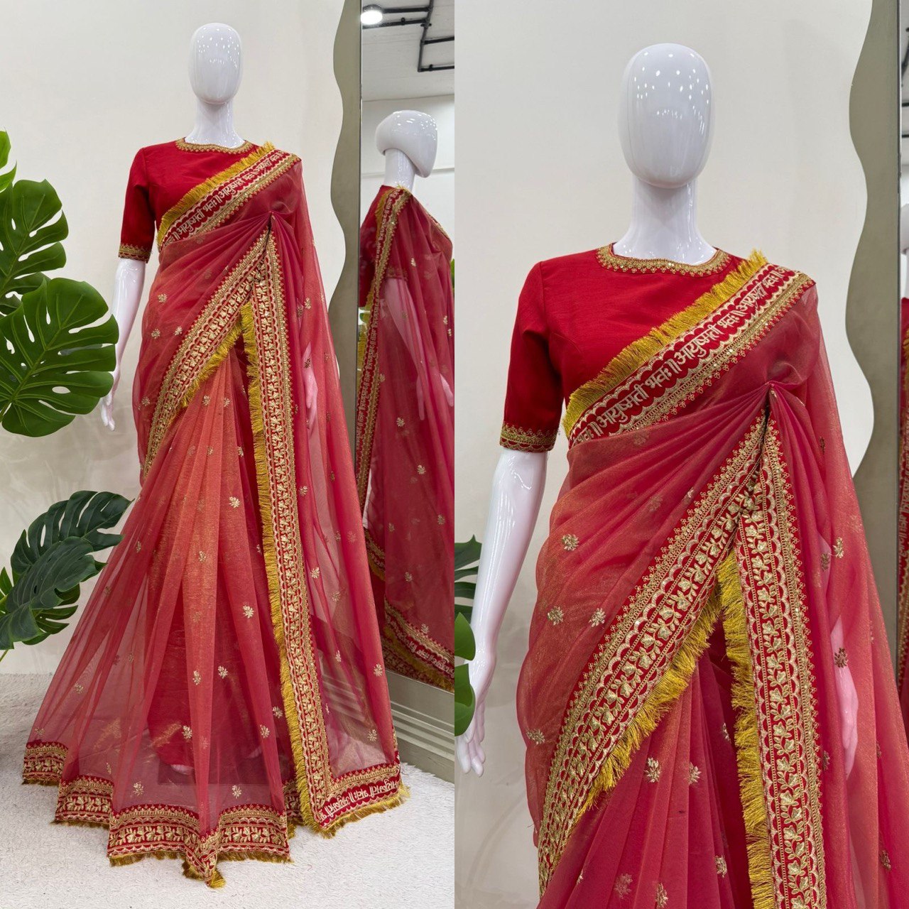 Beautiful Red Designer Saree on Twil Net Fabric with Thread & Sequence Work