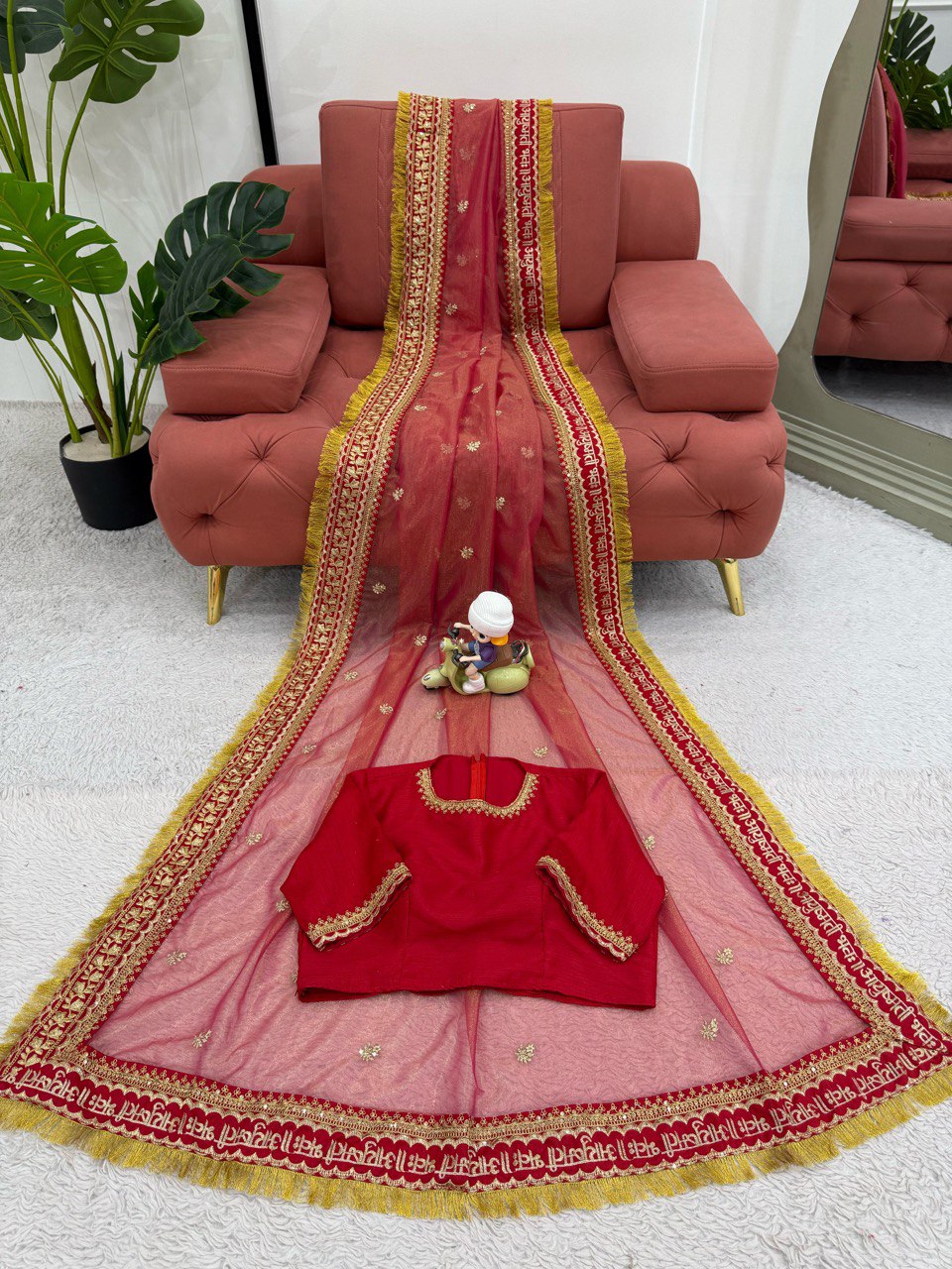 Beautiful Red Designer Saree on Twil Net Fabric with Thread & Sequence Work