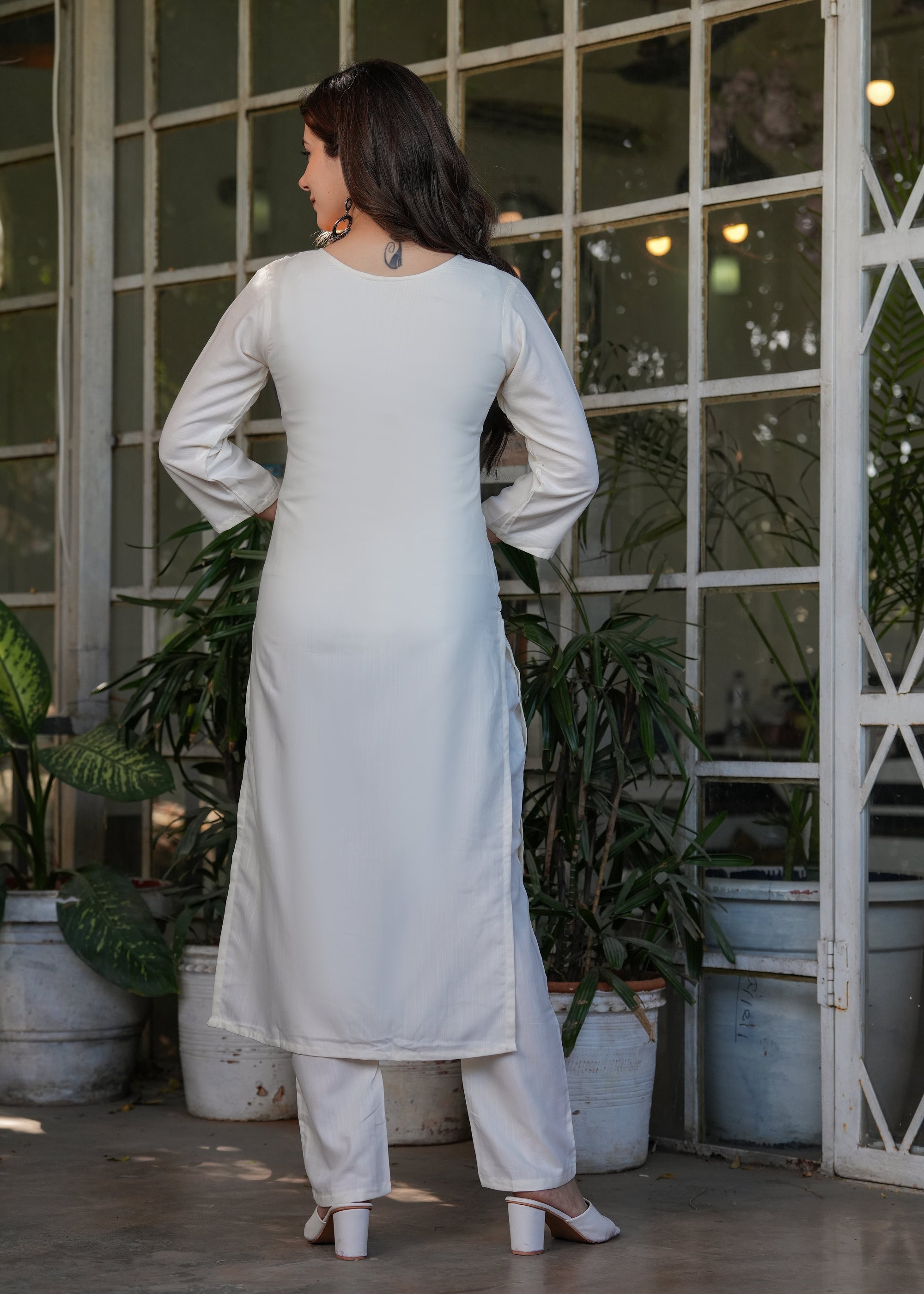 Beautiful Off White Viscose Rayon Fabric Kurtis Pant Set
