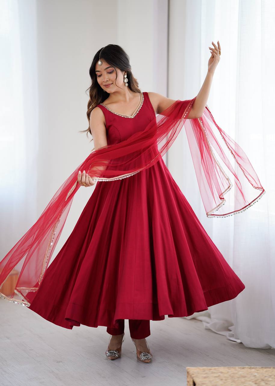Maroon Color Chanderi Pure Roman Silk Anarkali Suit