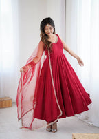Maroon Color Chanderi Pure Roman Silk Anarkali Suit