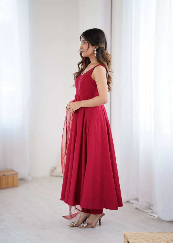 Maroon Color Chanderi Pure Roman Silk Anarkali Suit