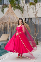 Rani Pink Color Chanderi Pure Roman Silk Anarkali Suit
