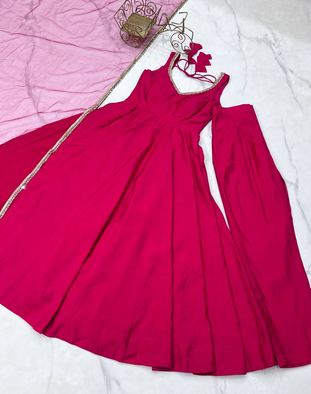Rani Pink Color Chanderi Pure Roman Silk Anarkali Suit