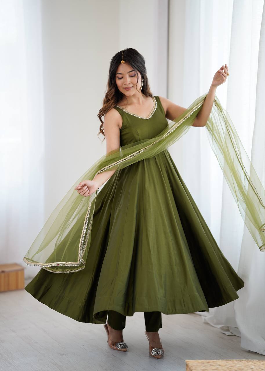 Mehndi Color Chanderi Pure Roman Silk Anarkali Suit