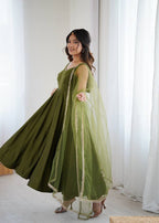 Mehndi Color Chanderi Pure Roman Silk Anarkali Suit