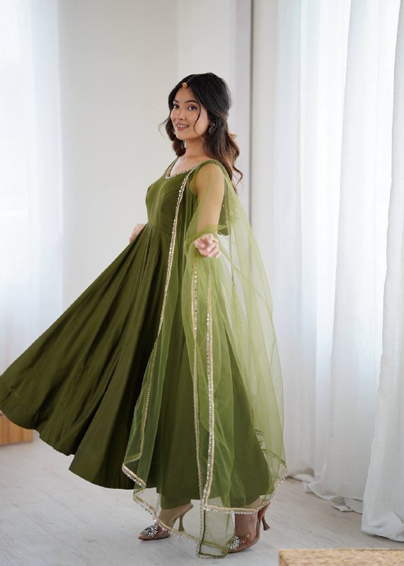 Mehndi Color Chanderi Pure Roman Silk Anarkali Suit