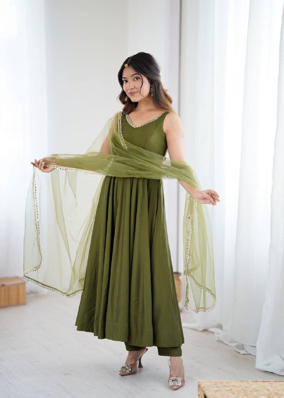 Mehndi Color Chanderi Pure Roman Silk Anarkali Suit