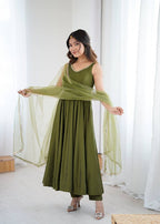 Mehndi Color Chanderi Pure Roman Silk Anarkali Suit