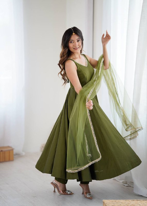 Mehndi Color Chanderi Pure Roman Silk Anarkali Suit