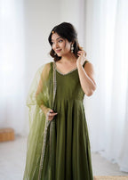 Mehndi Color Chanderi Pure Roman Silk Anarkali Suit