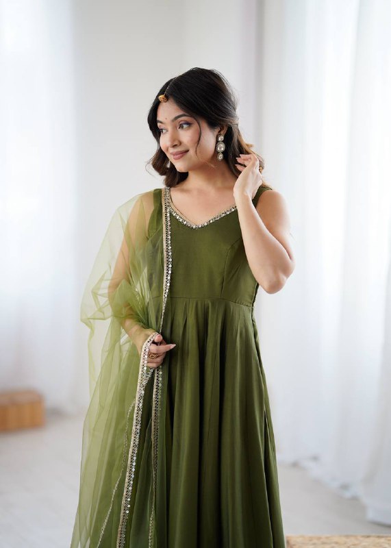Mehndi Color Chanderi Pure Roman Silk Anarkali Suit
