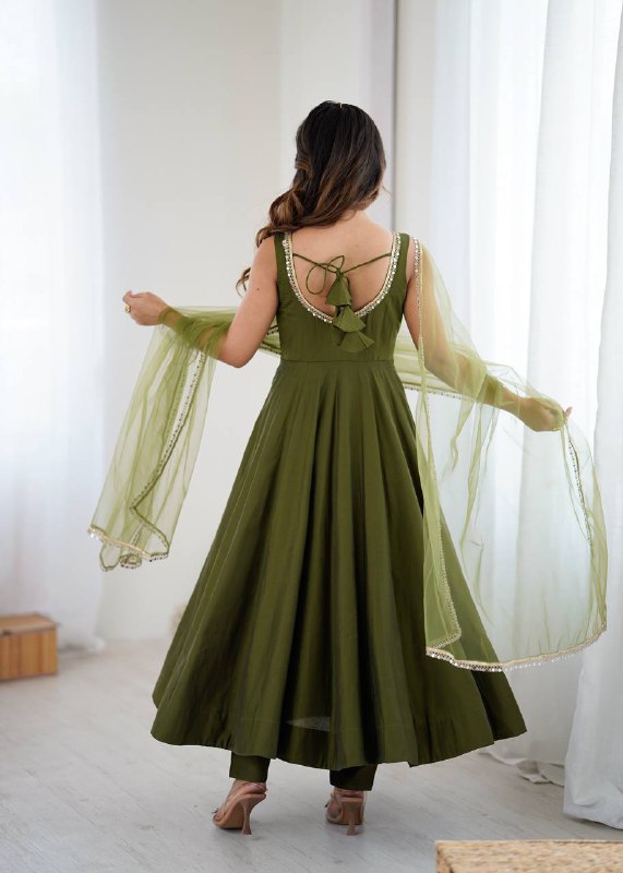 Mehndi Color Chanderi Pure Roman Silk Anarkali Suit