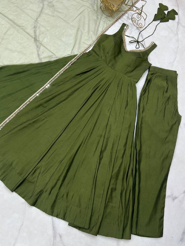Mehndi Color Chanderi Pure Roman Silk Anarkali Suit