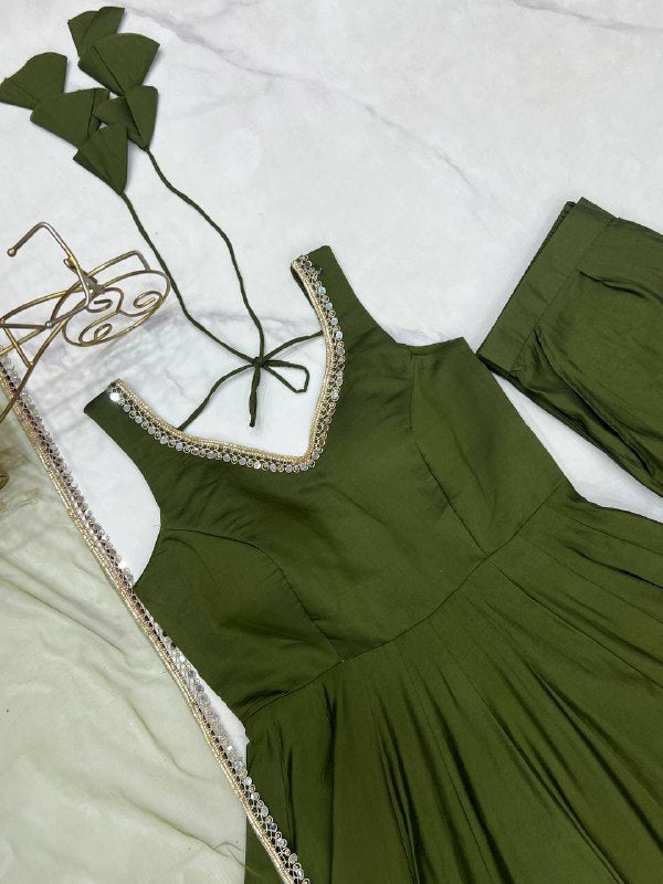 Mehndi Color Chanderi Pure Roman Silk Anarkali Suit