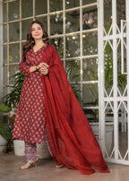 Beautiful Red Pure Cotton Fabric Kurtis Pant Set