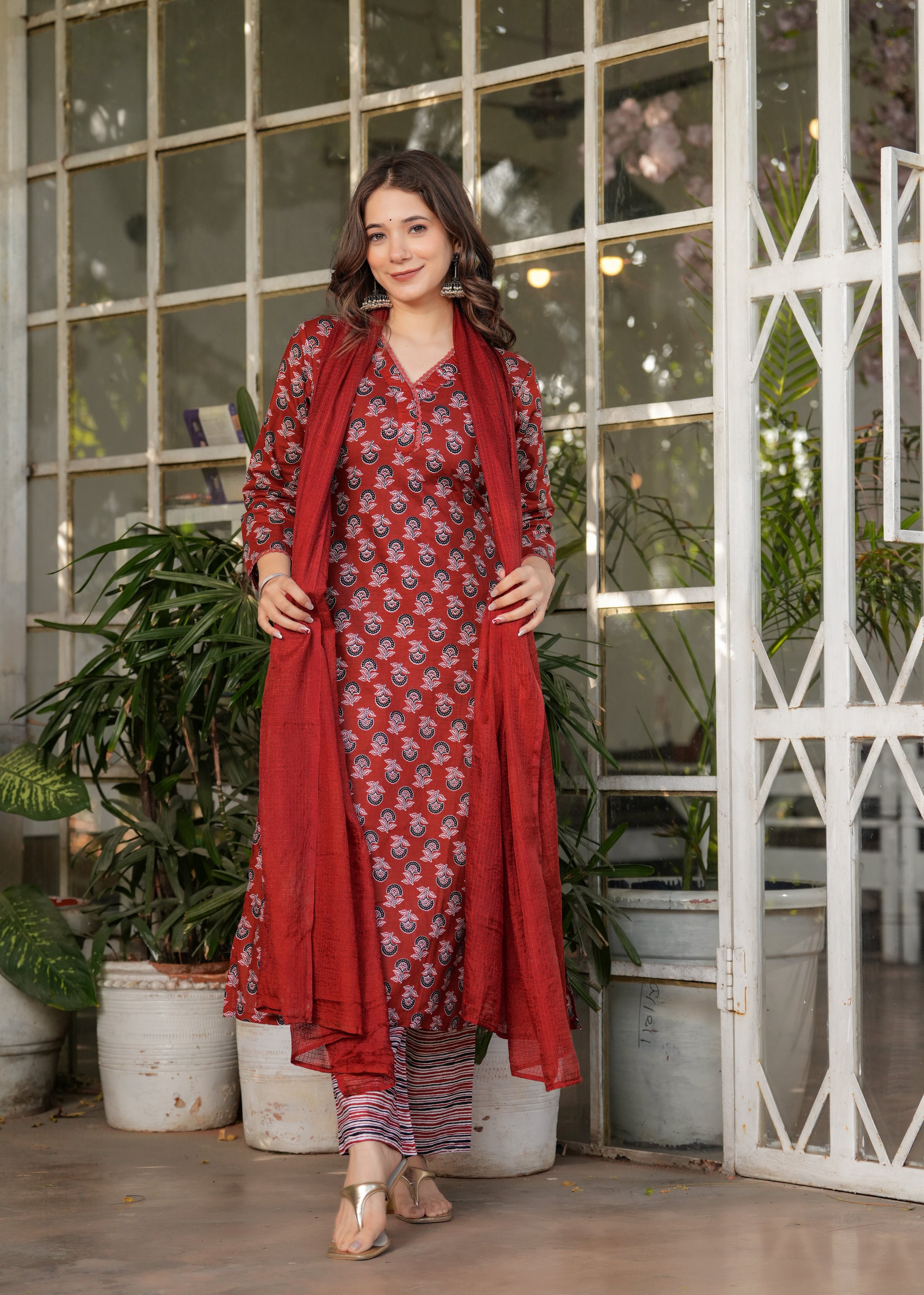 Beautiful Red Pure Cotton Fabric Kurtis Pant Set