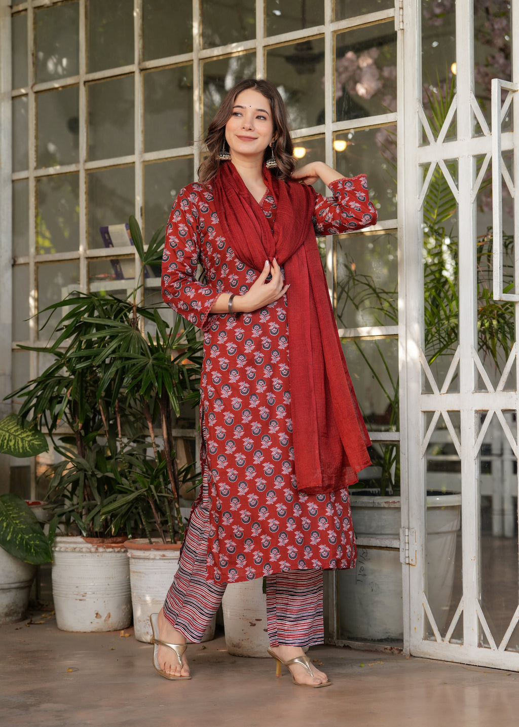 Beautiful Red Pure Cotton Fabric Kurtis Pant Set