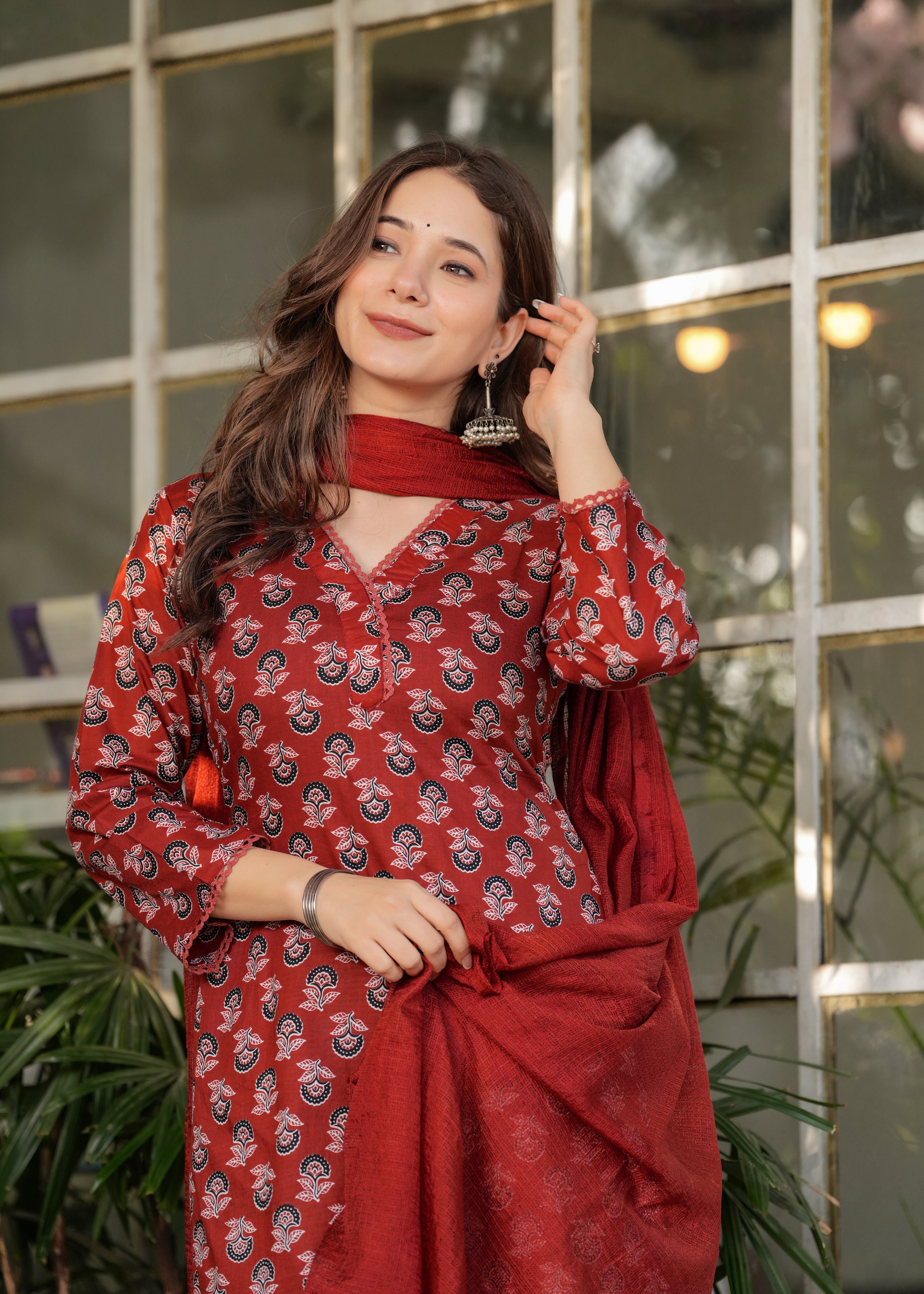 Beautiful Red Pure Cotton Fabric Kurtis Pant Set