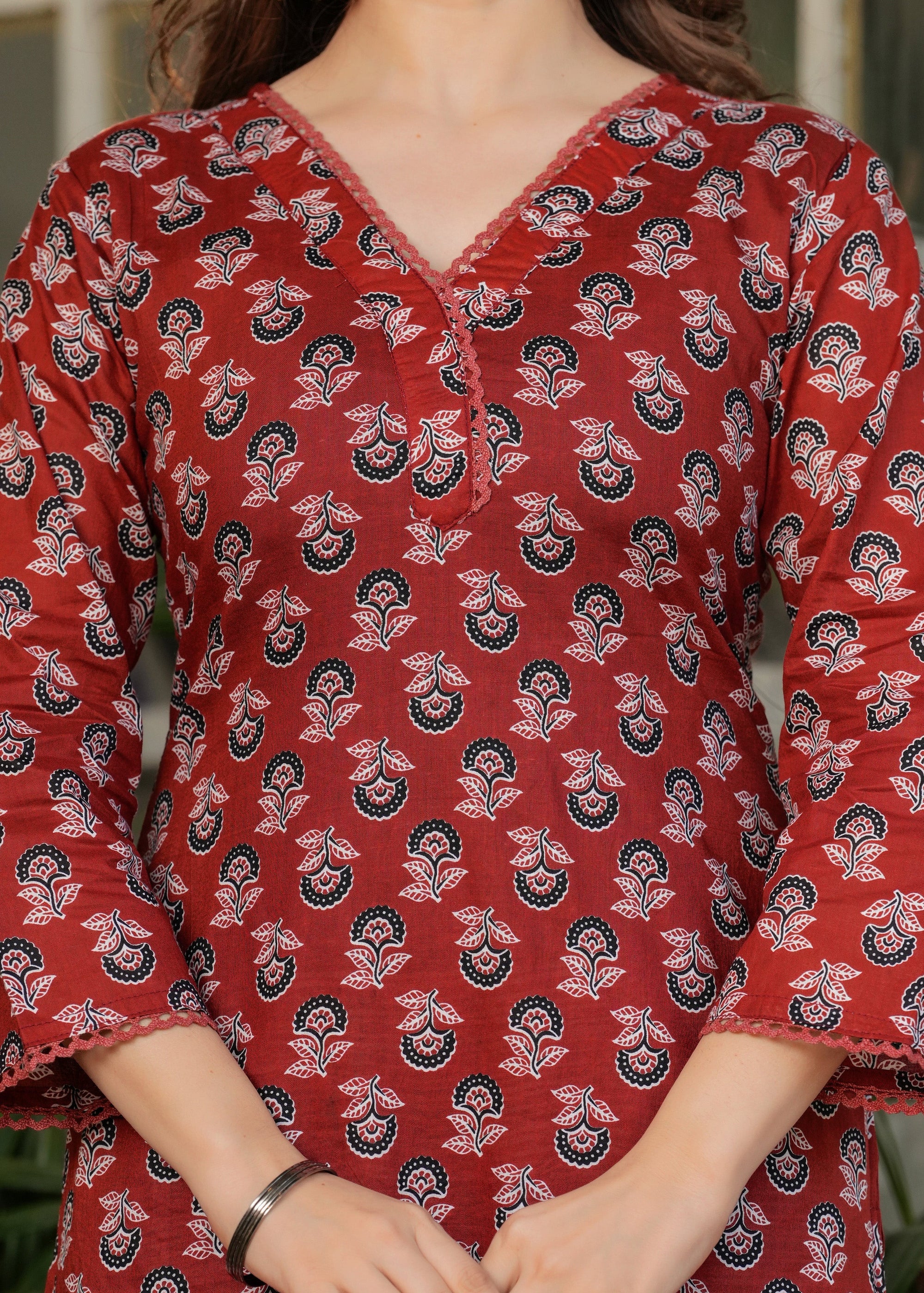 Beautiful Red Pure Cotton Fabric Kurtis Pant Set