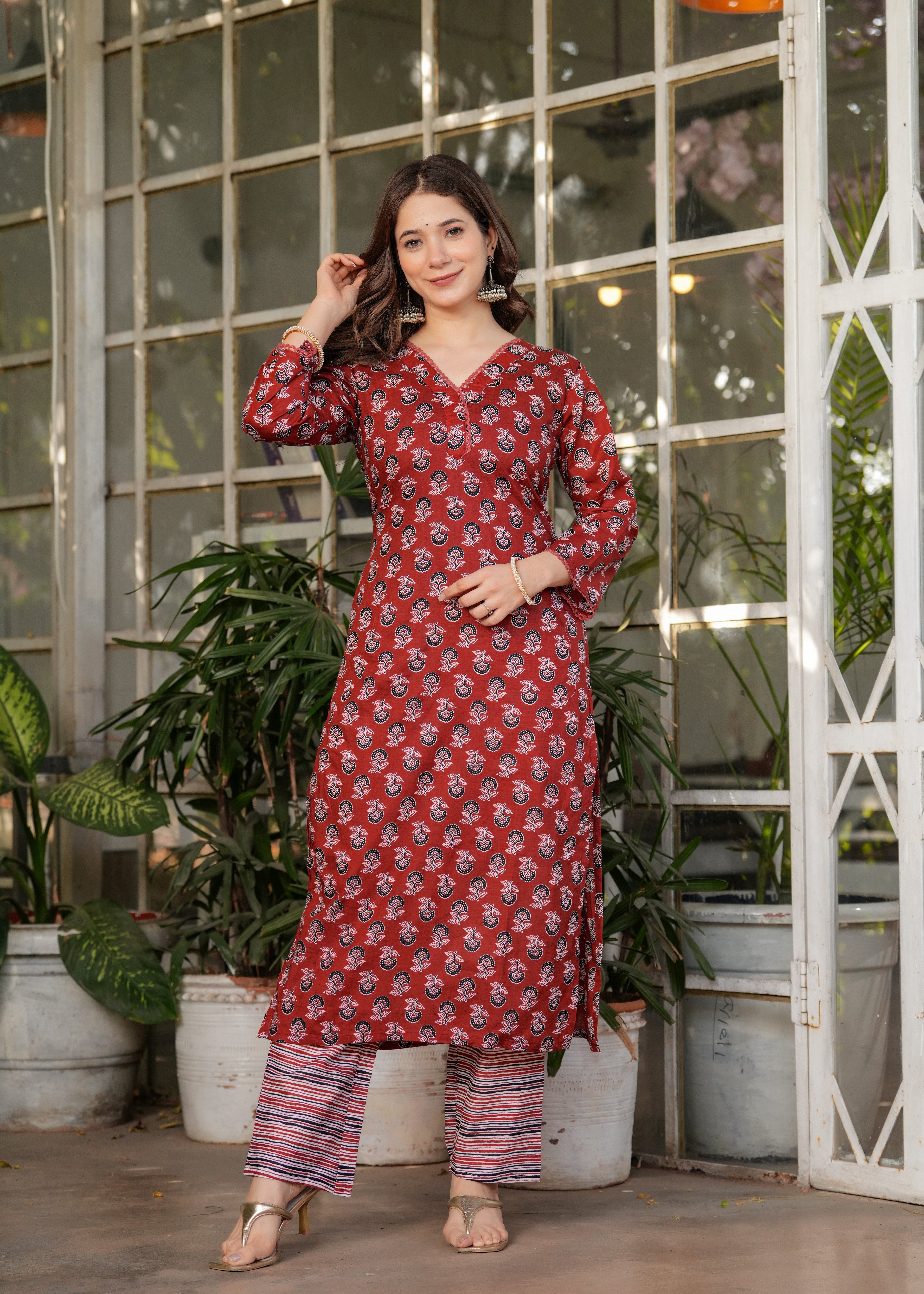 Beautiful Red Pure Cotton Fabric Kurtis Pant Set