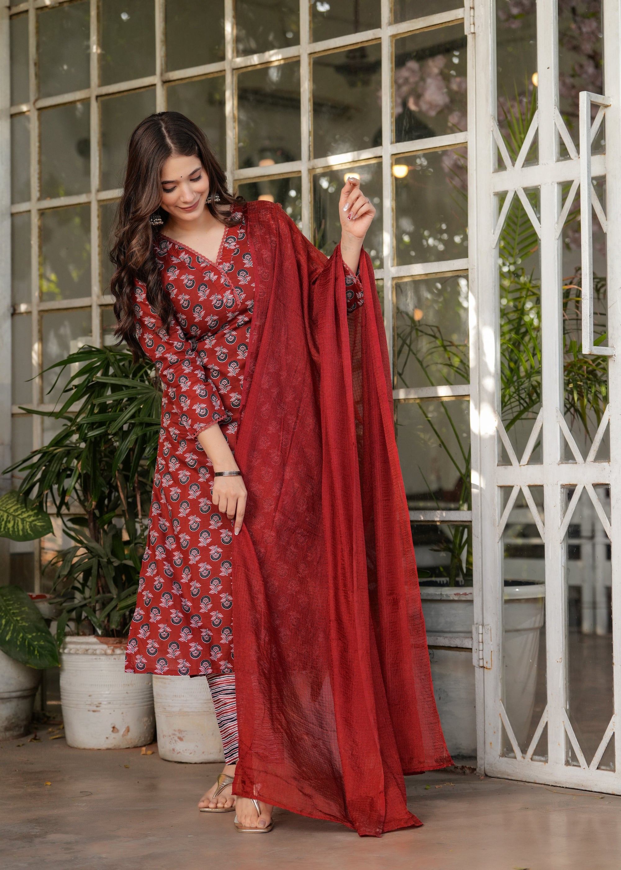 Beautiful Red Pure Cotton Fabric Kurtis Pant Set