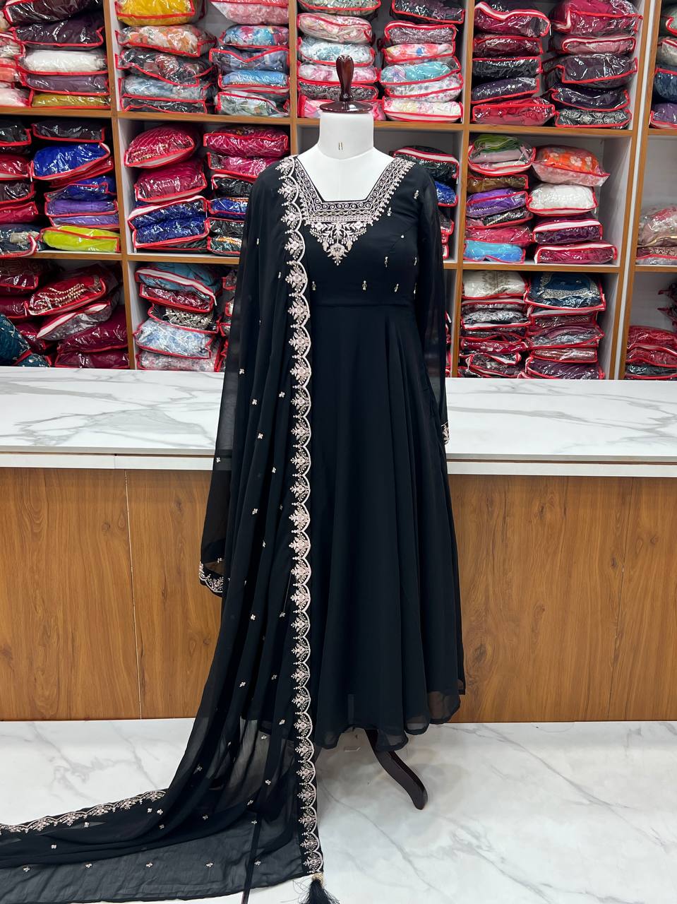 Black Pure Soft Fox Georgette Fabric Fully Flair Anarkali Salwar Suit