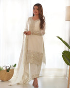 White Pure Chinon Silk Fabric With Beautiful Embroidery Sequence Jari Work Salwar Suit
