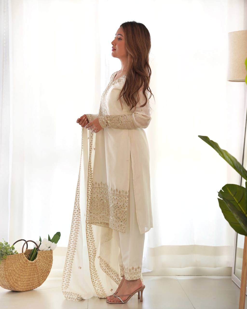 White Pure Chinon Silk Fabric With Beautiful Embroidery Sequence Jari Work Salwar Suit