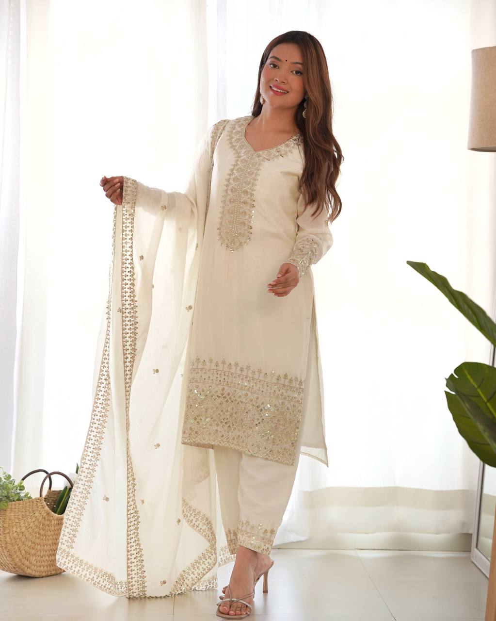White Pure Chinon Silk Fabric With Beautiful Embroidery Sequence Jari Work Salwar Suit