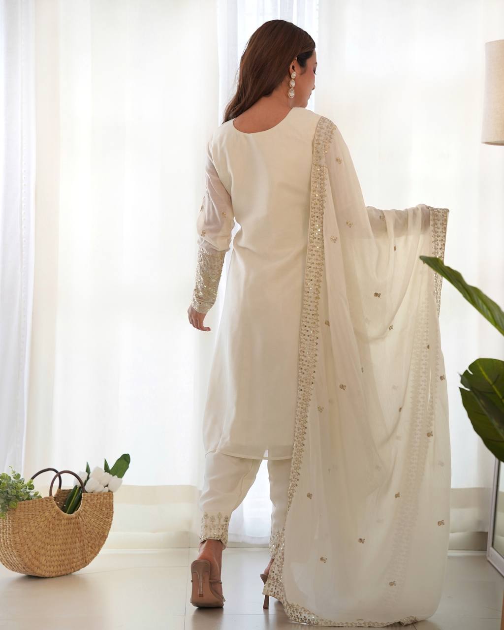 White Pure Chinon Silk Fabric With Beautiful Embroidery Sequence Jari Work Salwar Suit