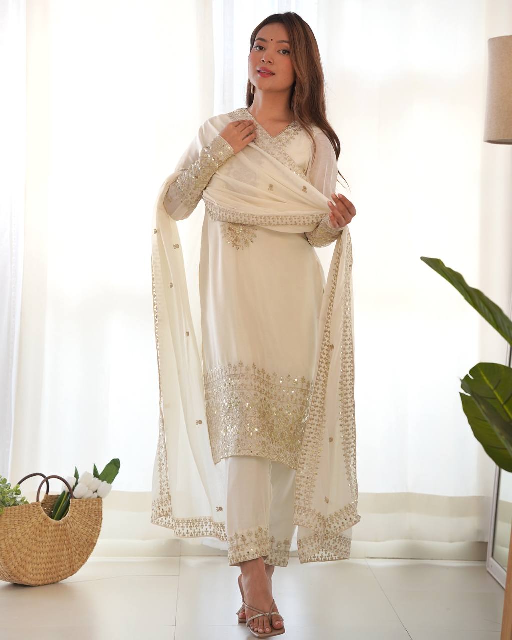 White Pure Chinon Silk Fabric With Beautiful Embroidery Sequence Jari Work Salwar Suit