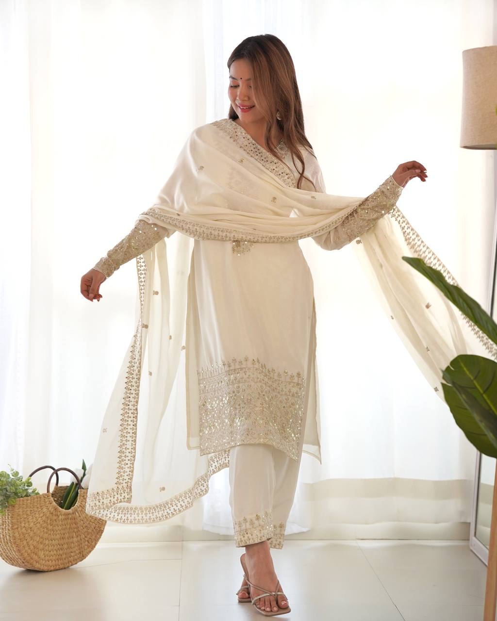 White Pure Chinon Silk Fabric With Beautiful Embroidery Sequence Jari Work Salwar Suit