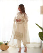 White Pure Chinon Silk Fabric With Beautiful Embroidery Sequence Jari Work Salwar Suit