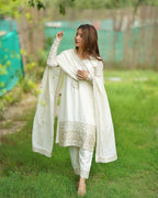 White Pure Chinon Silk Fabric With Beautiful Embroidery Sequence Jari Work Salwar Suit