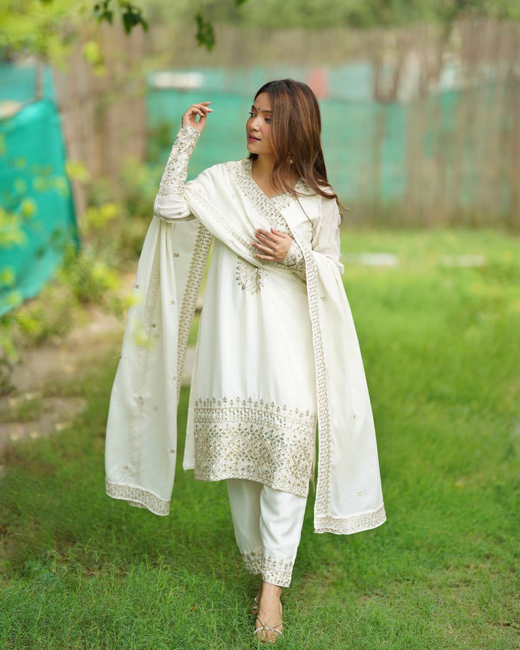 White Pure Chinon Silk Fabric With Beautiful Embroidery Sequence Jari Work Salwar Suit