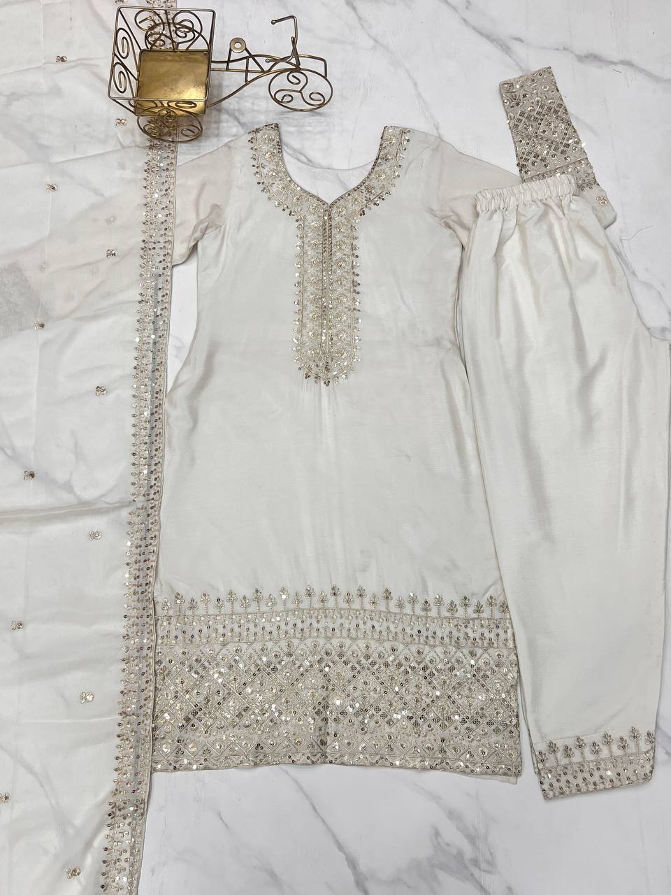 White Pure Chinon Silk Fabric With Beautiful Embroidery Sequence Jari Work Salwar Suit