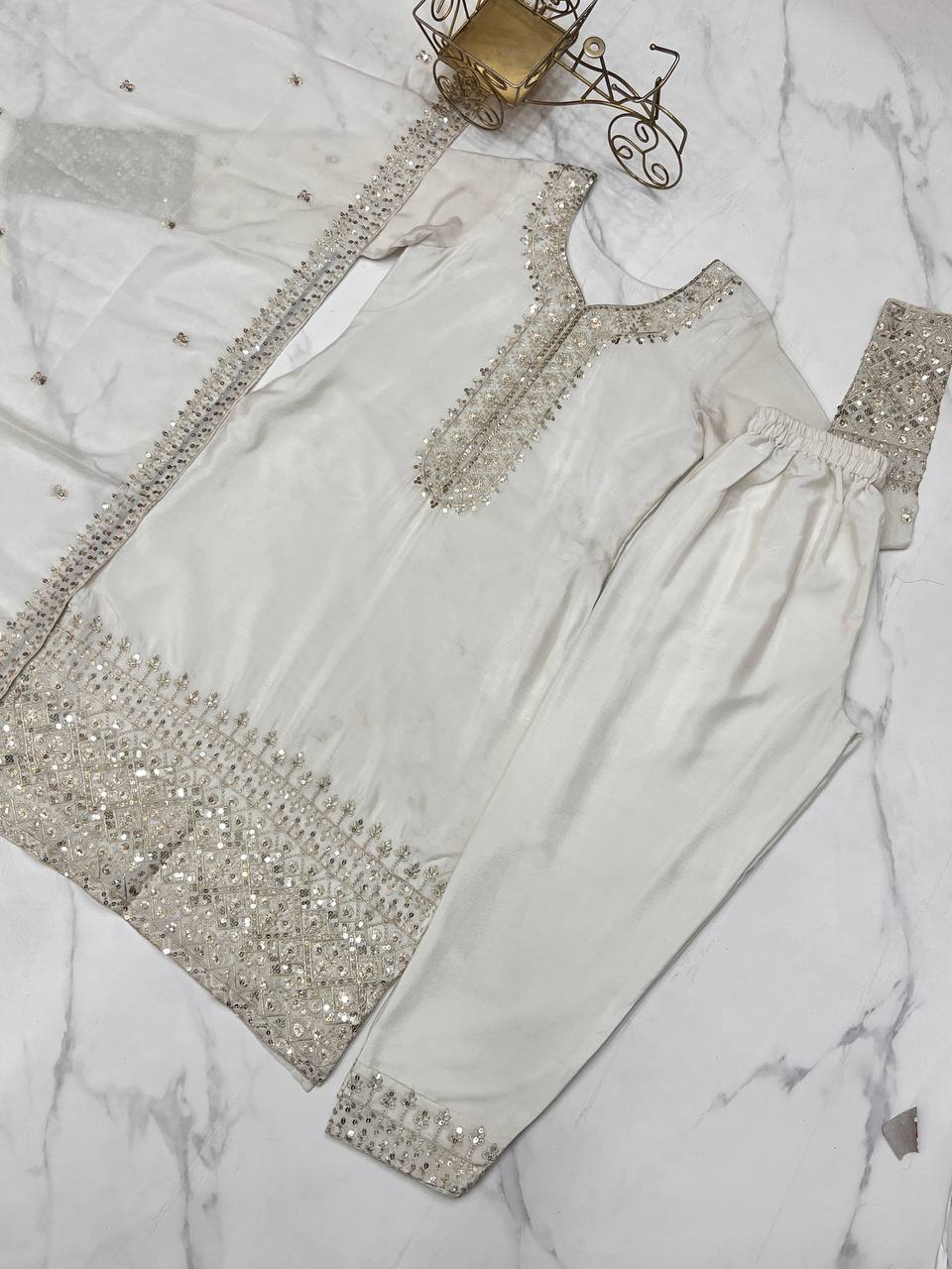 White Pure Chinon Silk Fabric With Beautiful Embroidery Sequence Jari Work Salwar Suit