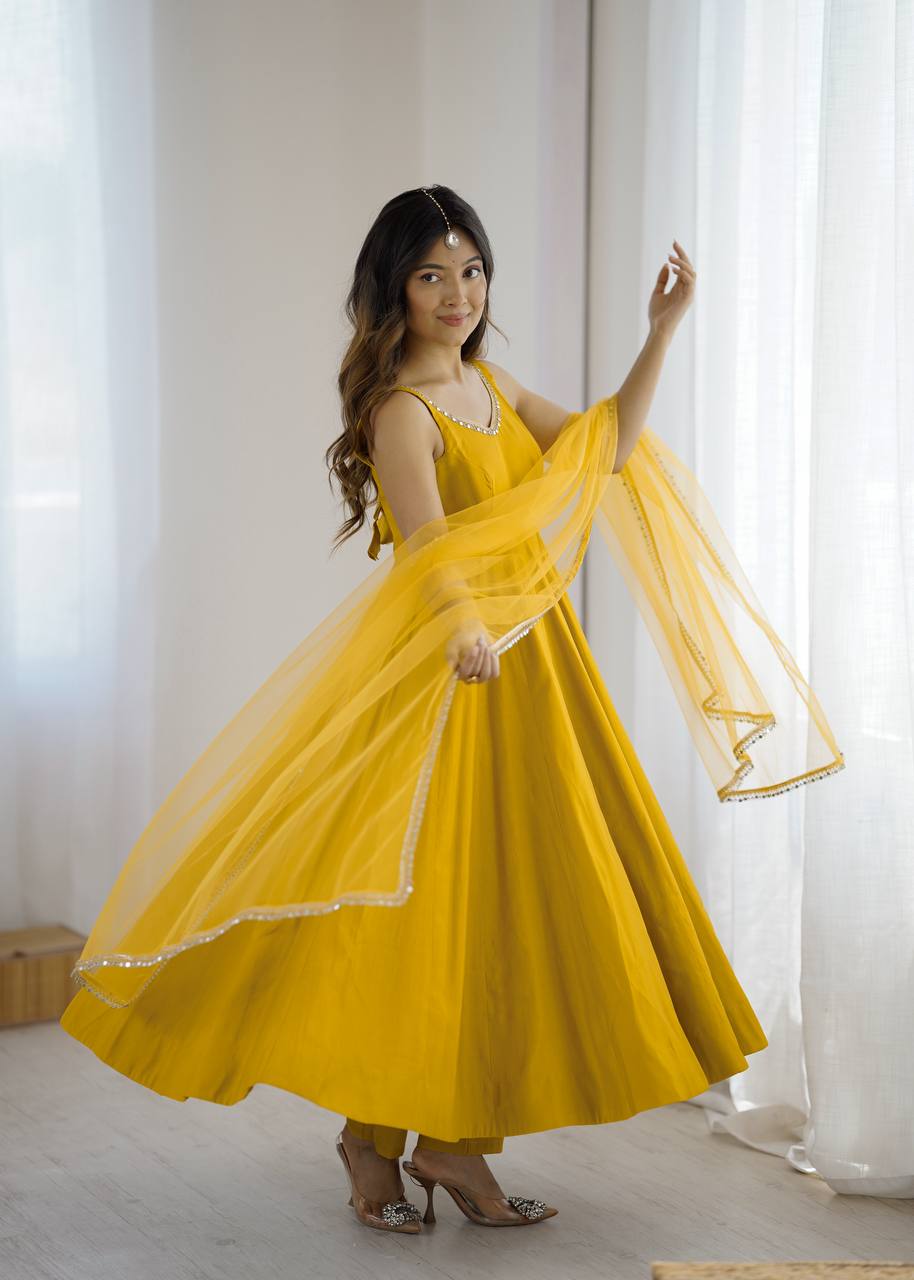 Yellow Color Chanderi Pure Roman Silk Anarkali Suit
