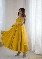 Yellow Color Chanderi Pure Roman Silk Anarkali Suit