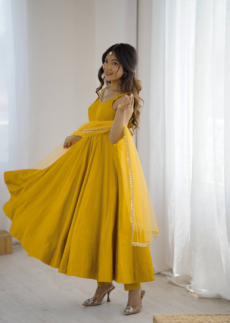 Yellow Color Chanderi Pure Roman Silk Anarkali Suit