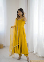 Yellow Color Chanderi Pure Roman Silk Anarkali Suit