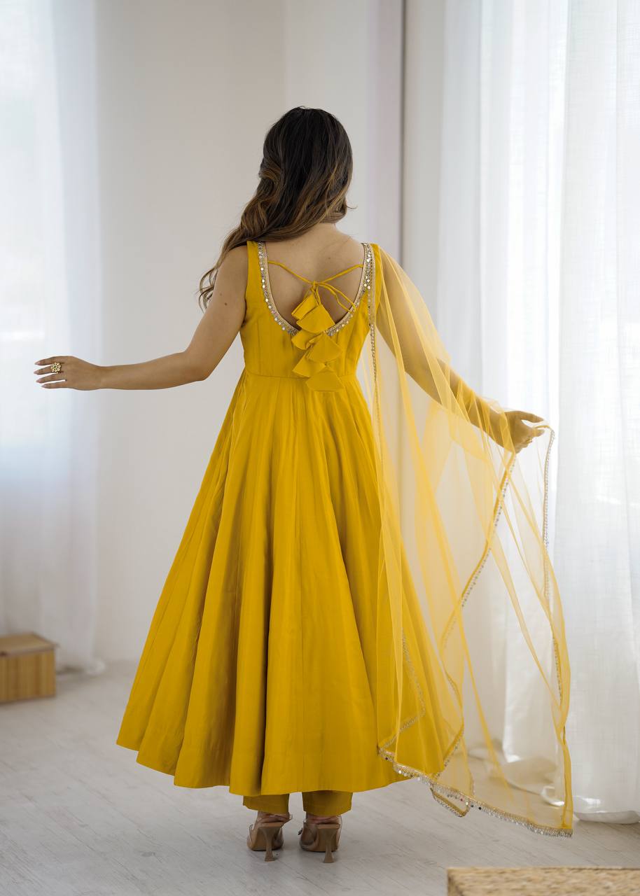 Yellow Color Chanderi Pure Roman Silk Anarkali Suit